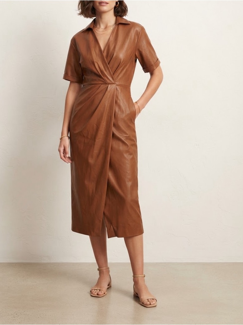 Zara Brown Faux Leather Midi Dress with Collared V-Neck